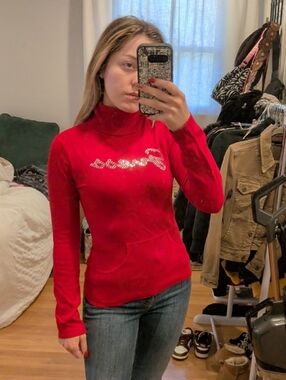 Guess Red Turtleneck Sweater with Embellished Script